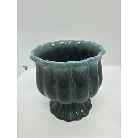 Vintage Hull USA Pottery Pedestal Planter Two Toned Green w/Blue Drip Glaze - Picture 1 of 5
